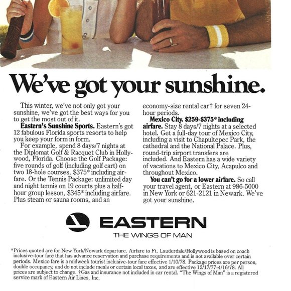 Eastern Airlines Sunshine Sports Mexico 1980s Vintage Print Ad 9 inch Tall - Picture 3 of 4